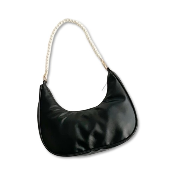 Handbags - Black Faux Leather Shoulder Bag with Pearl Bader Strap | NWT